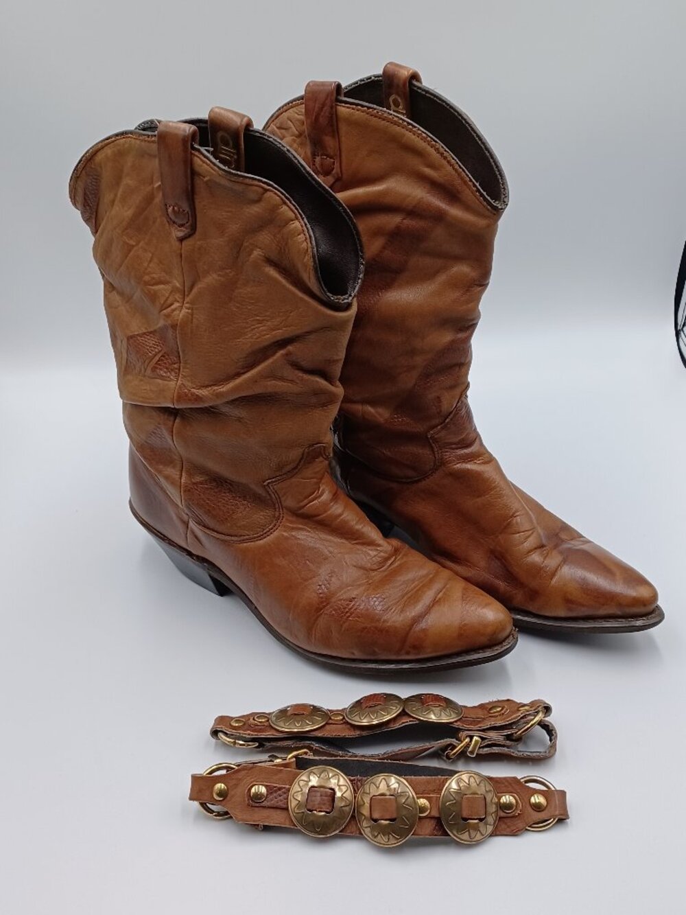 Vtg Dingo Boots Women Size 6M Slouch Harness Concho Brown Leather